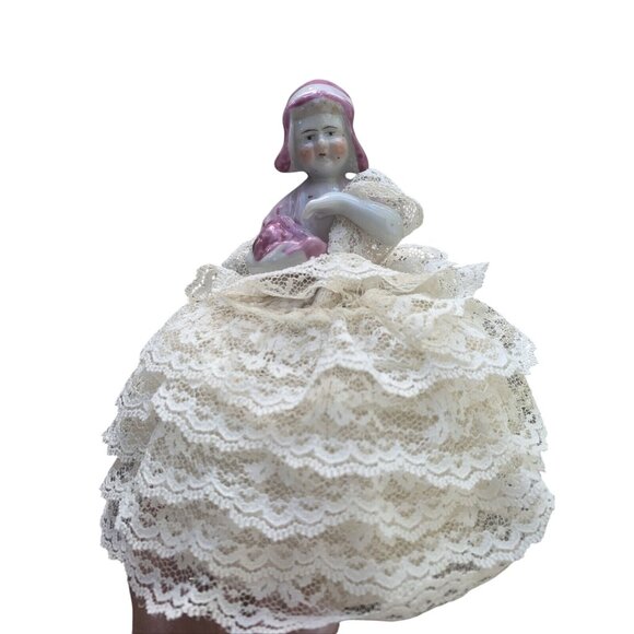 VTG Porcelain Pin Cushion Half Doll Lace Dress Pink Bonnet Rosy Cheeks - Picture 1 of 10